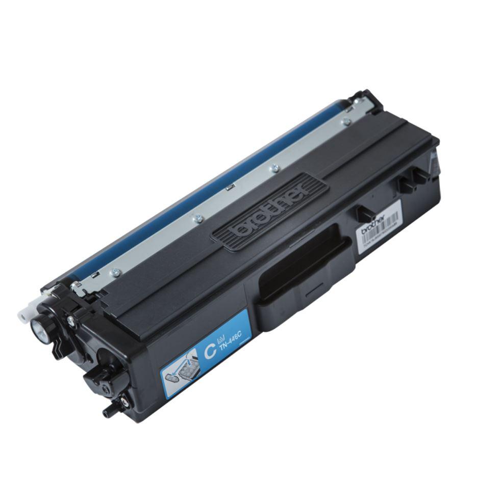 Brother TN-446C Colour Laser Toner Cartridge in cyan, designed for high yield printing with a capacity of 6,500 pages.