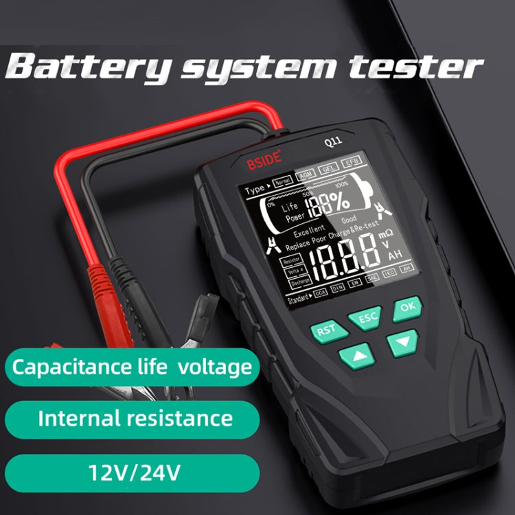 BSIDE Q11 Car Battery Detector with display and test leads, designed for 12V and 24V batteries.