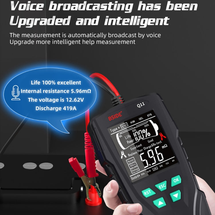 BSIDE Q11 Car Battery Detector with display and test leads, designed for 12V and 24V batteries.