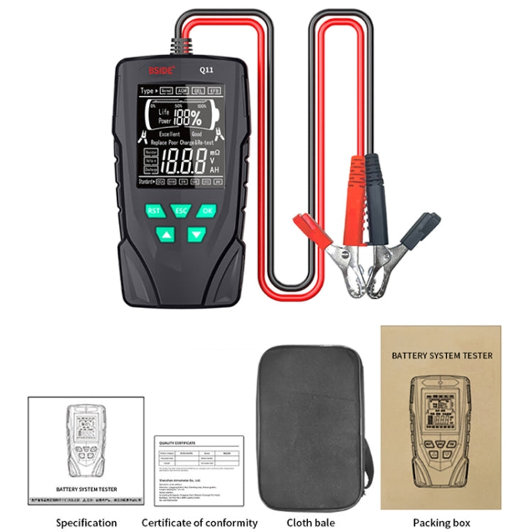 BSIDE Q11 Car Battery Detector with display and test leads, designed for 12V and 24V batteries.