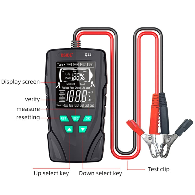 BSIDE Q11 Car Battery Detector with display and test leads, designed for 12V and 24V batteries.