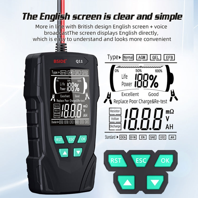 BSIDE Q11 Car Battery Detector with display and test leads, designed for 12V and 24V batteries.