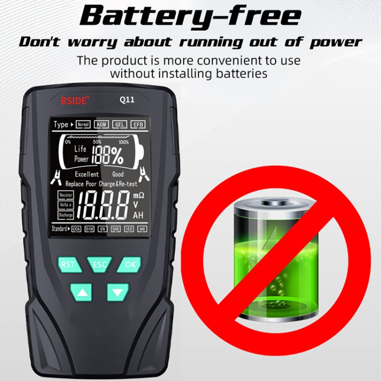 BSIDE Q11 Car Battery Detector with display and test leads, designed for 12V and 24V batteries.