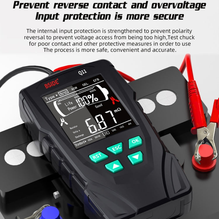 BSIDE Q11 Car Battery Detector with display and test leads, designed for 12V and 24V batteries.