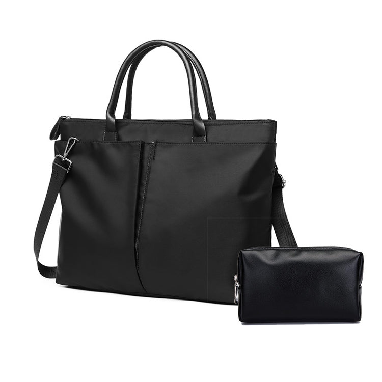 Business Briefcase Handbag in black oxford cloth, showcasing dual-purpose design with shoulder strap and anti-theft magnetic buckle.