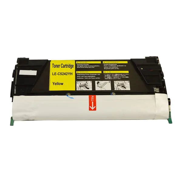 Lexmark C5240YH Yellow Remanufactured Laser Toner Cartridge, showcasing its vibrant yellow color and packaging.