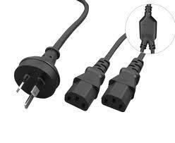 CABAC 2m Y Split Power Cable with AU/NZ 3-pin Male Plug and 2xIEC C13 Female Sockets, black color.