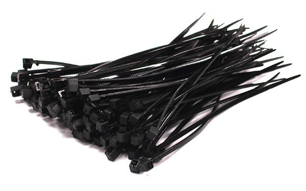 Bag of 1000 black cable ties measuring 203mm x 4.8mm, made from durable nylon, ideal for organizing cables.