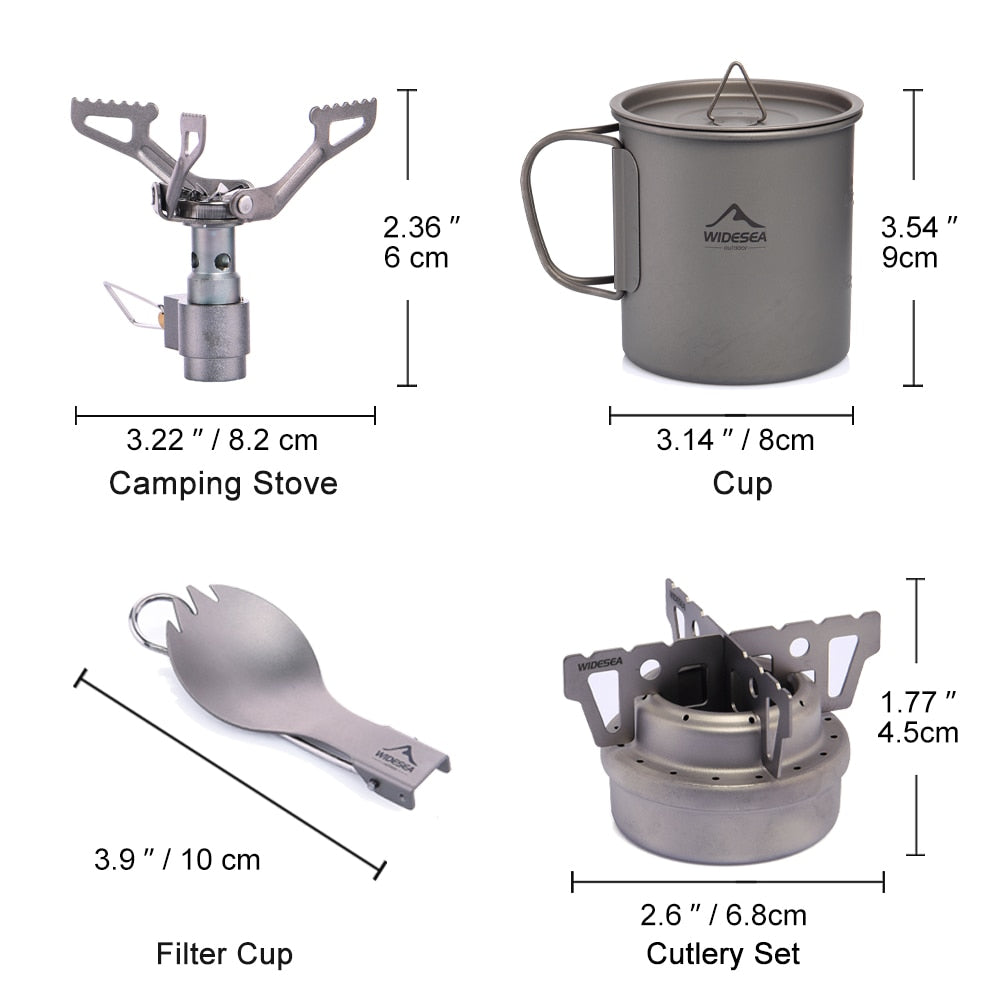 Ultra-light titanium camping cookware set including a gas burner stove, designed for outdoor cooking and trekking.