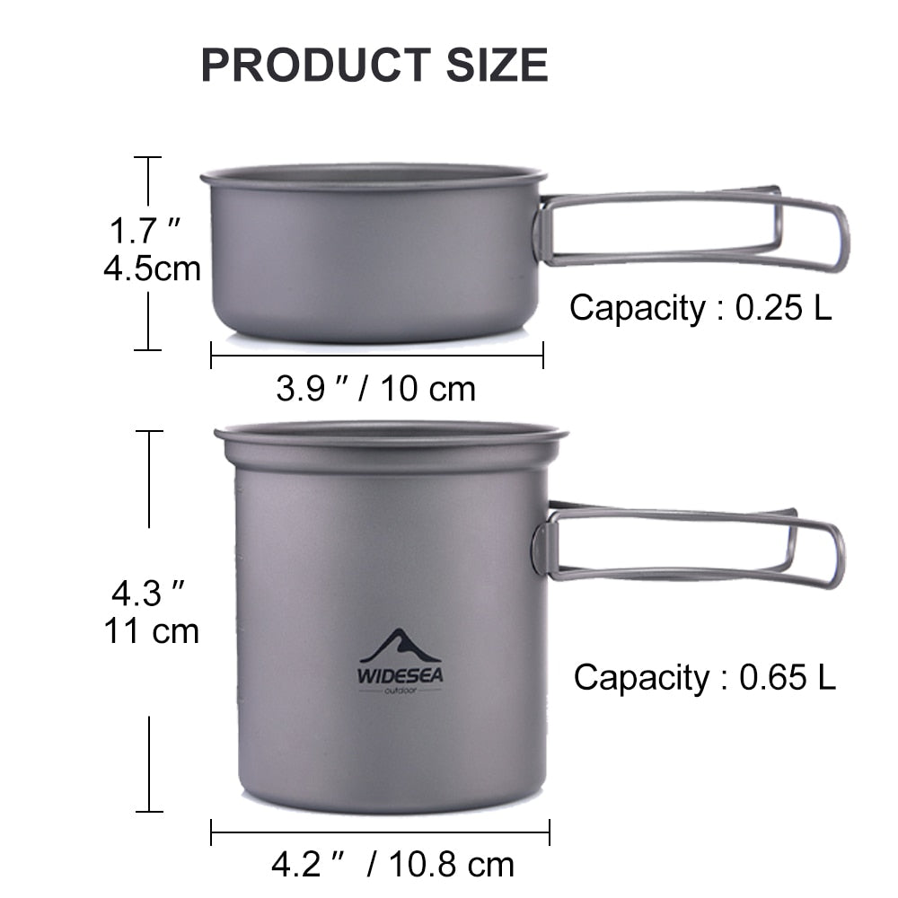 Ultra-light titanium camping cookware set including a gas burner stove, designed for outdoor cooking and trekking.