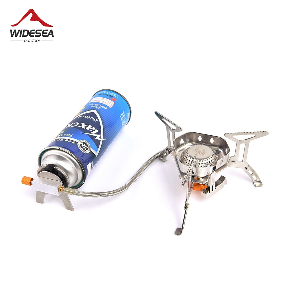 Camping gas burner outdoor stove made of stainless steel, designed for BBQs and picnics, featuring an ignition device and compact structure.