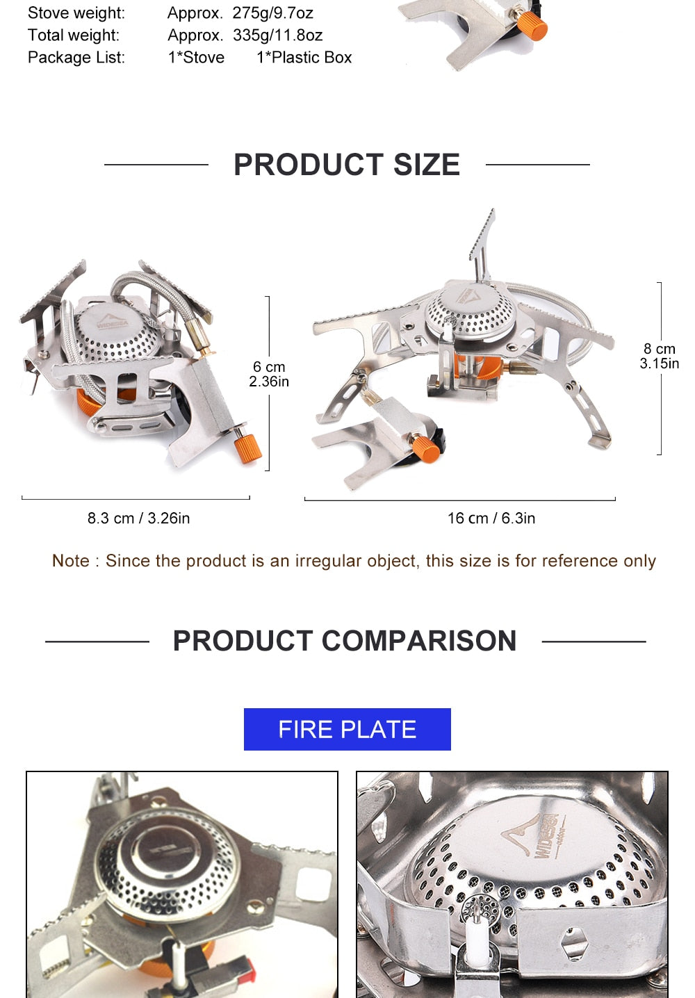 Camping gas burner outdoor stove made of stainless steel, designed for BBQs and picnics, featuring an ignition device and compact structure.