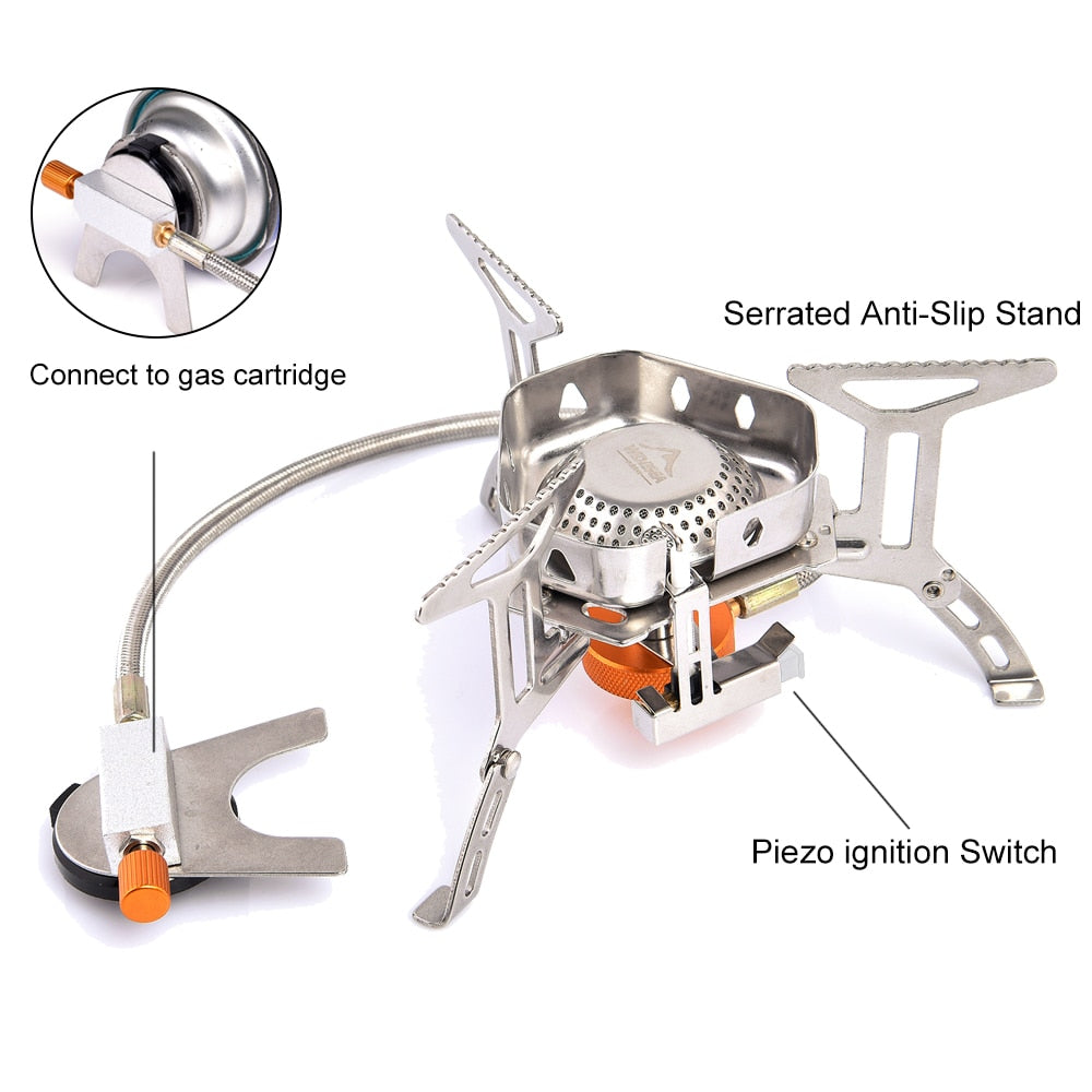 Camping gas burner outdoor stove made of stainless steel, designed for BBQs and picnics, featuring an ignition device and compact structure.