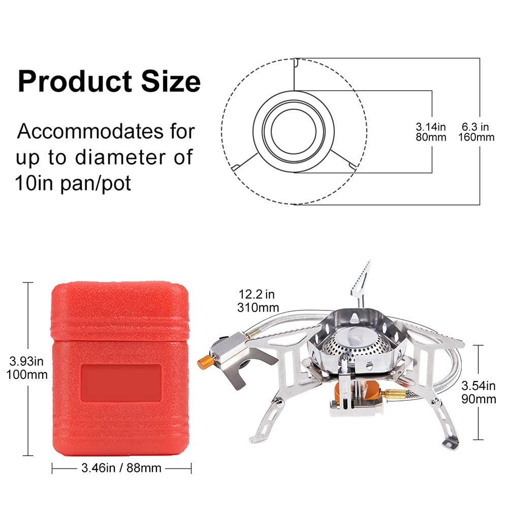 Camping gas burner outdoor stove made of stainless steel, designed for BBQs and picnics, featuring an ignition device and compact structure.