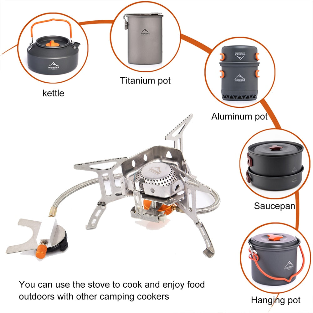 Camping gas burner outdoor stove made of stainless steel, designed for BBQs and picnics, featuring an ignition device and compact structure.