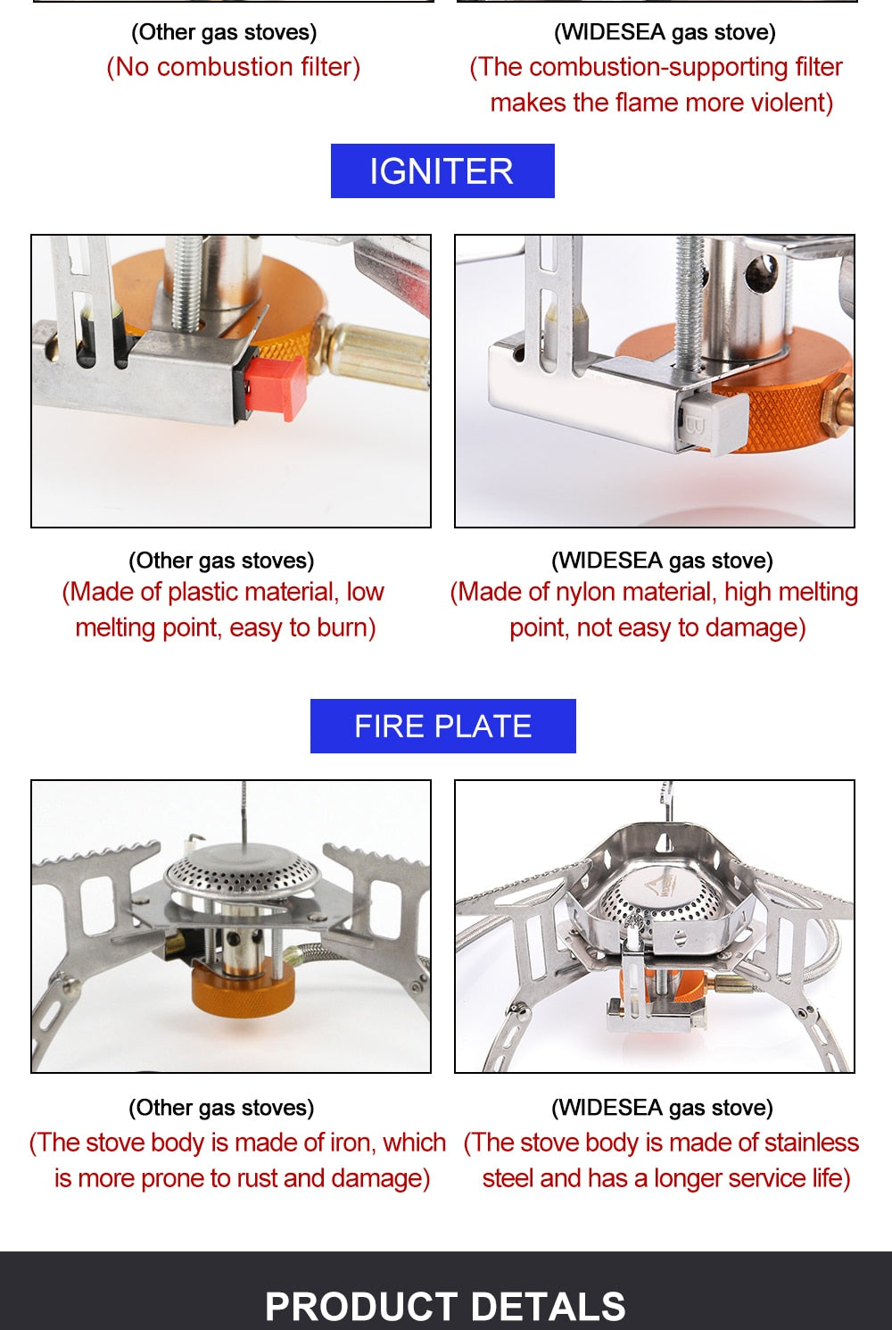 Camping gas burner outdoor stove made of stainless steel, designed for BBQs and picnics, featuring an ignition device and compact structure.