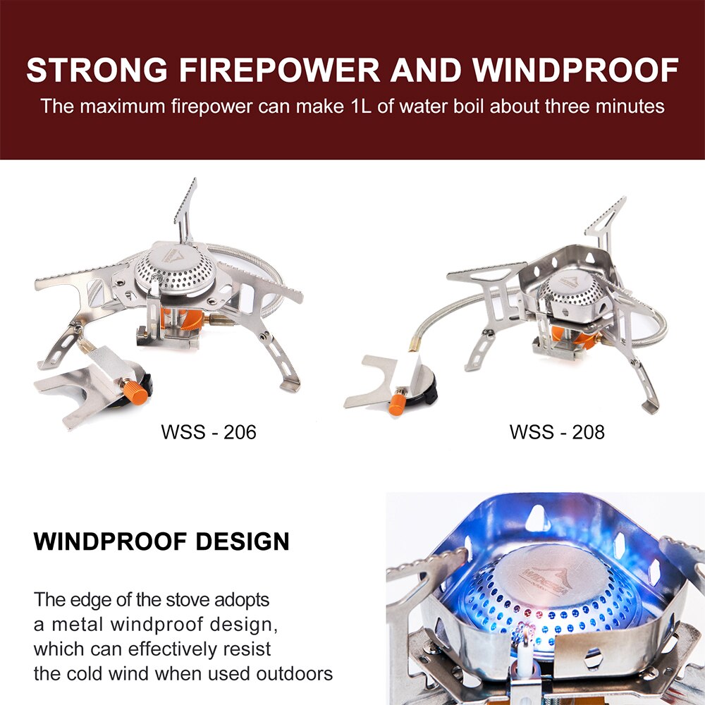 Camping gas burner outdoor stove made of stainless steel, designed for BBQs and picnics, featuring an ignition device and compact structure.