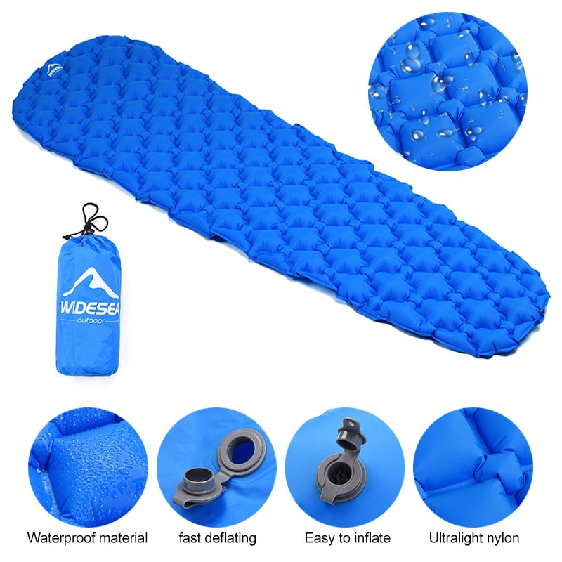 Camping Inflatable Mattress set up in a tent, showcasing its comfort and portability for outdoor adventures.