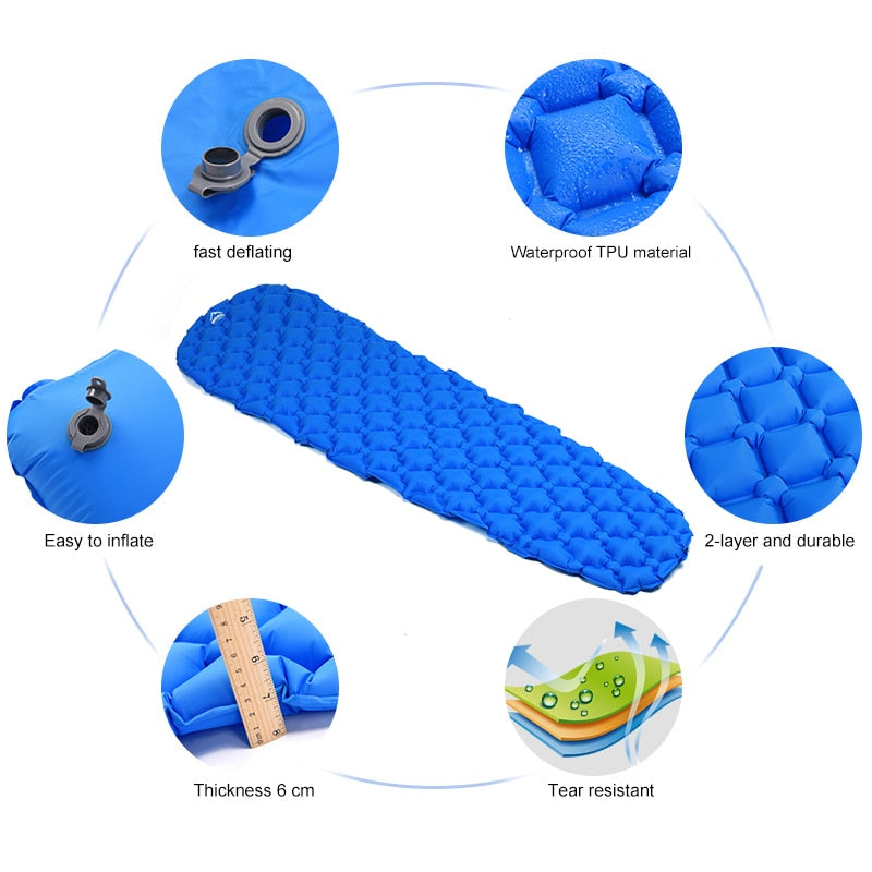 Camping Inflatable Mattress set up in a tent, showcasing its comfort and portability for outdoor adventures.