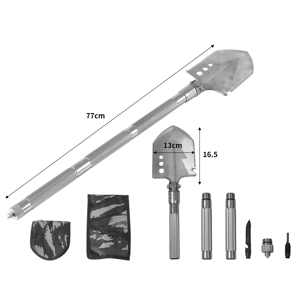 A multifunctional camping shovel with a folding design, made of manganese carbon steel and aluminum alloy, featuring various attachments for outdoor survival.