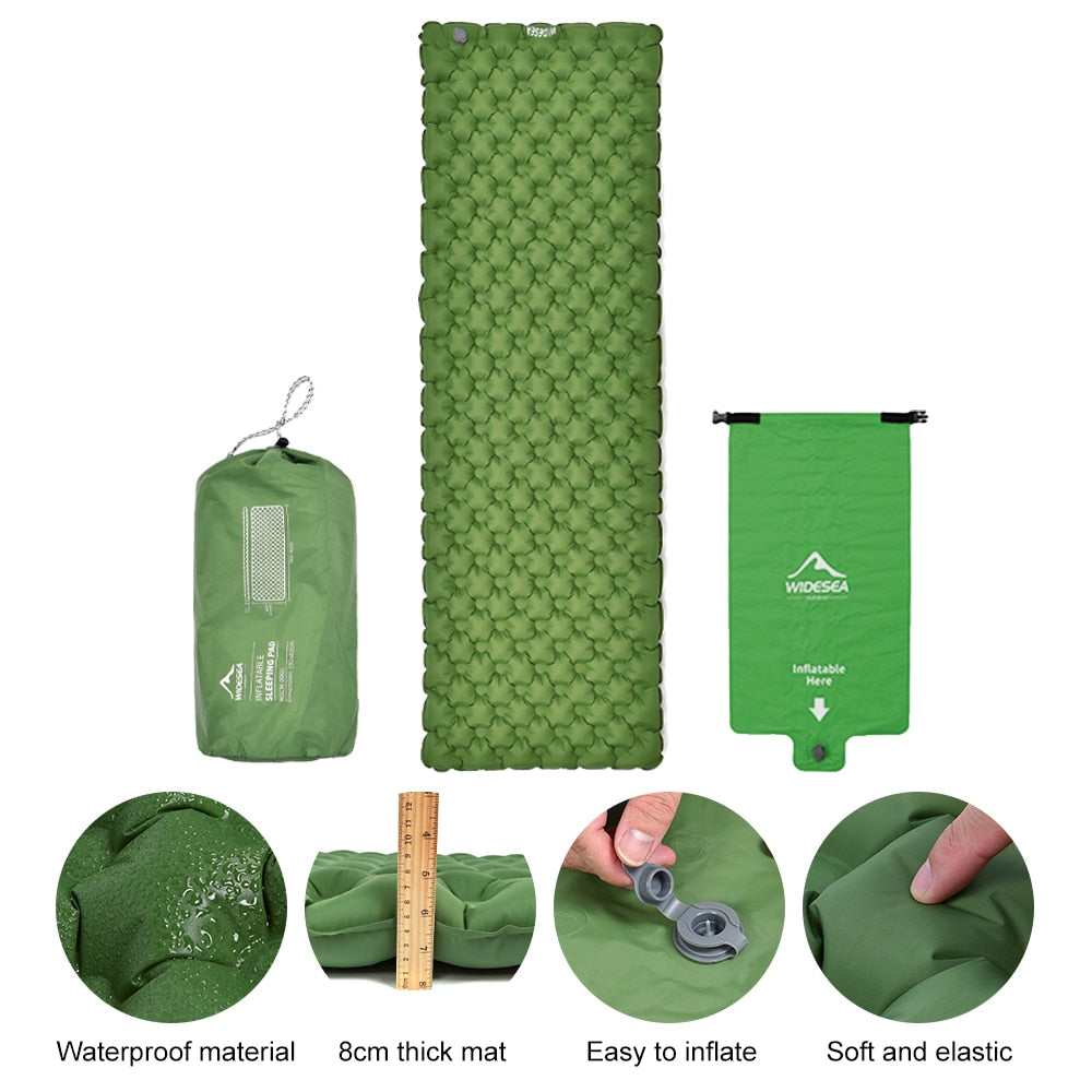 Camping Single Inflatable Mattress in outdoor setting, showcasing its ultralight and portable design.