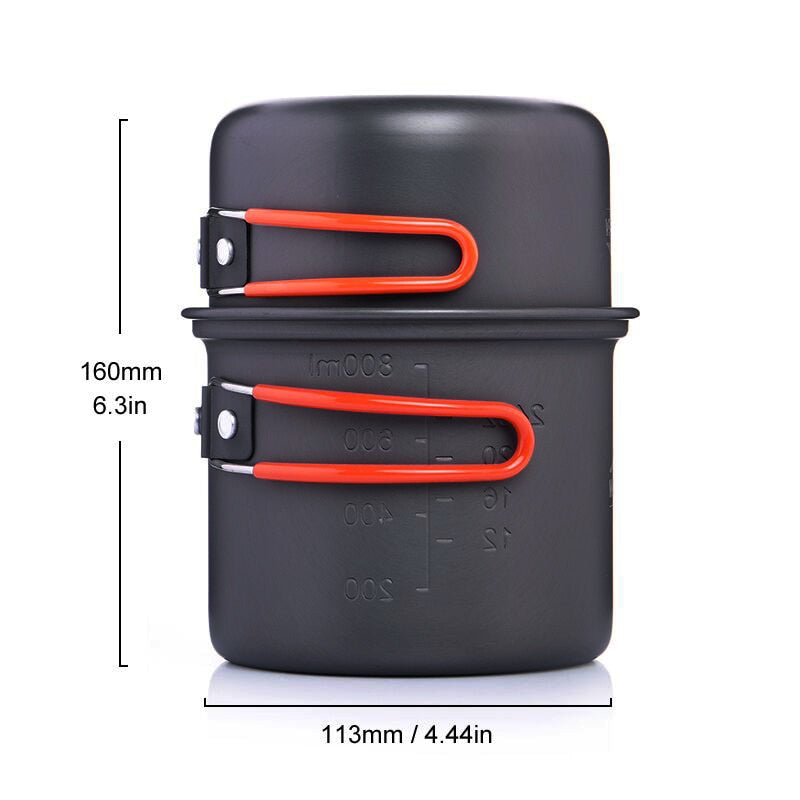 Camping tableware outdoor cooking set made of durable aluminium alloy, featuring a round pot with a 1.6L capacity for 1-2 users, ideal for hiking and travel.