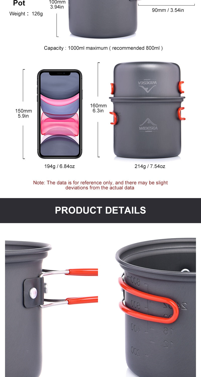 Camping tableware outdoor cooking set made of durable aluminium alloy, featuring a round pot with a 1.6L capacity for 1-2 users, ideal for hiking and travel.