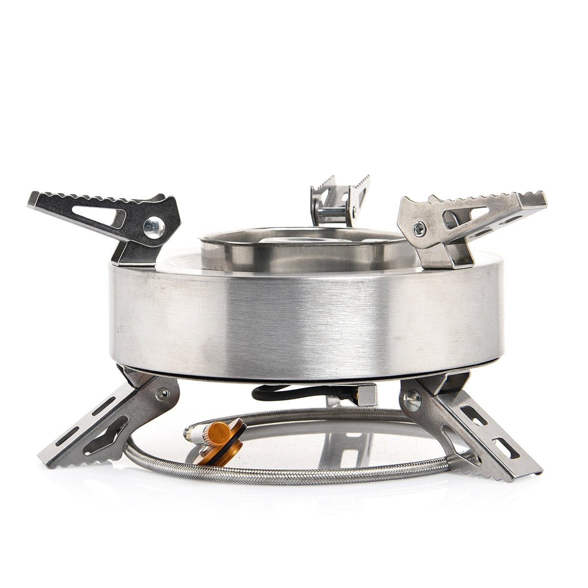 Camping Tourist Burner Gas Stove in outdoor setting, showcasing its portable design and aluminum alloy construction.