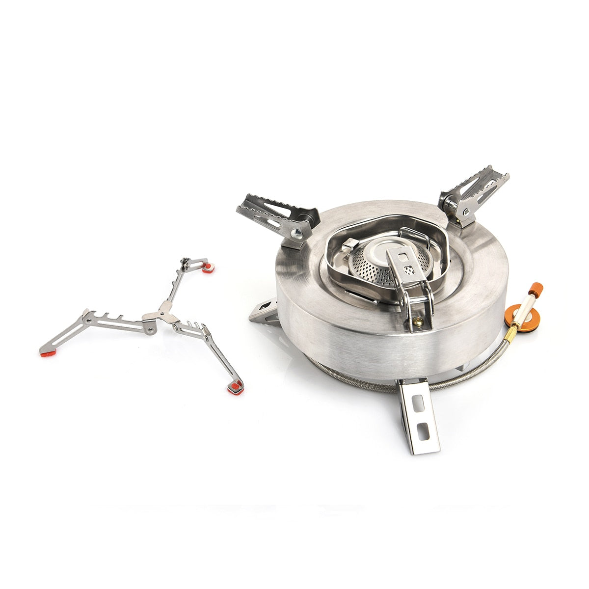 Camping Tourist Burner Gas Stove in outdoor setting, showcasing its portable design and aluminum alloy construction.