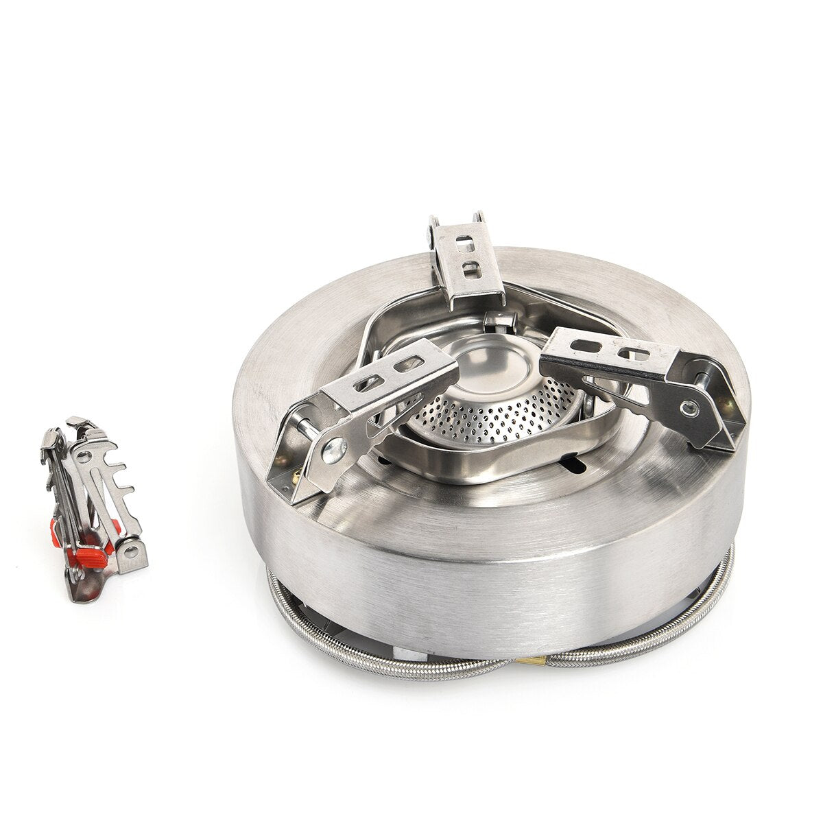 Camping Tourist Burner Gas Stove in outdoor setting, showcasing its portable design and aluminum alloy construction.