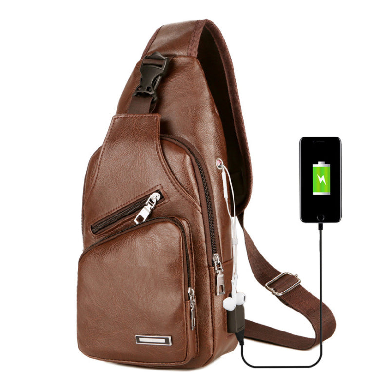 Campus Buddy Sling Bag in various colors with USB port, headphone access, and multiple compartments for organization.