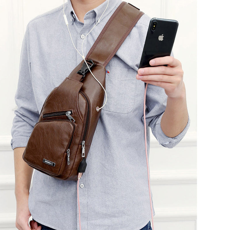 Campus Buddy Sling Bag in various colors with USB port, headphone access, and multiple compartments for organization.