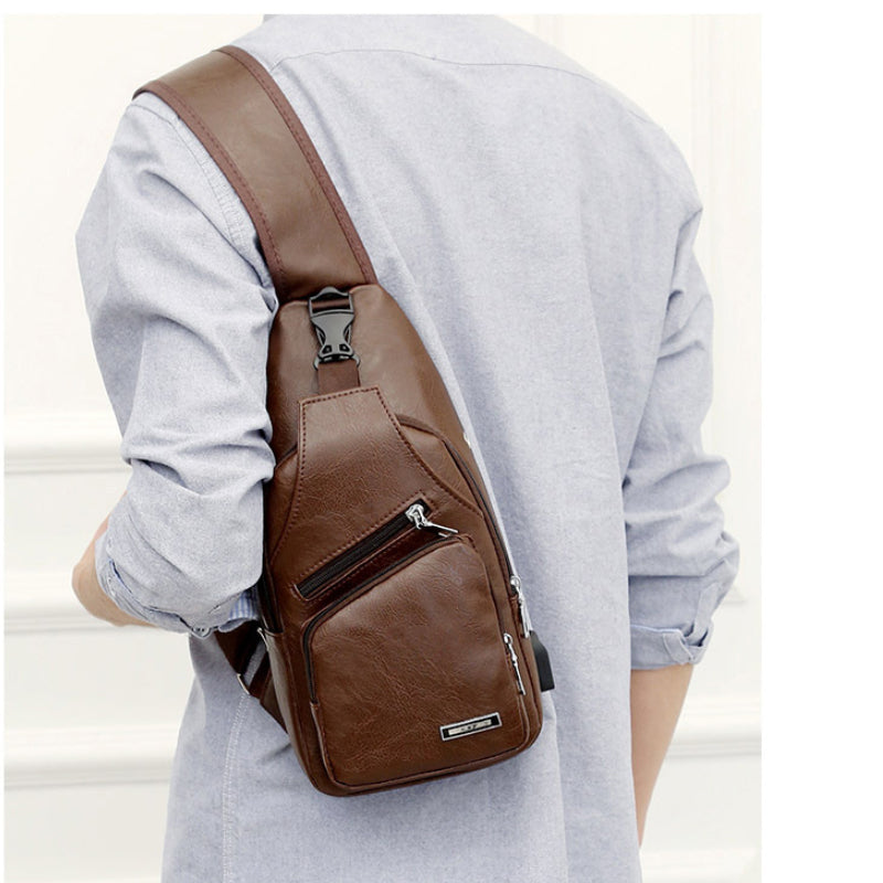 Campus Buddy Sling Bag in various colors with USB port, headphone access, and multiple compartments for organization.