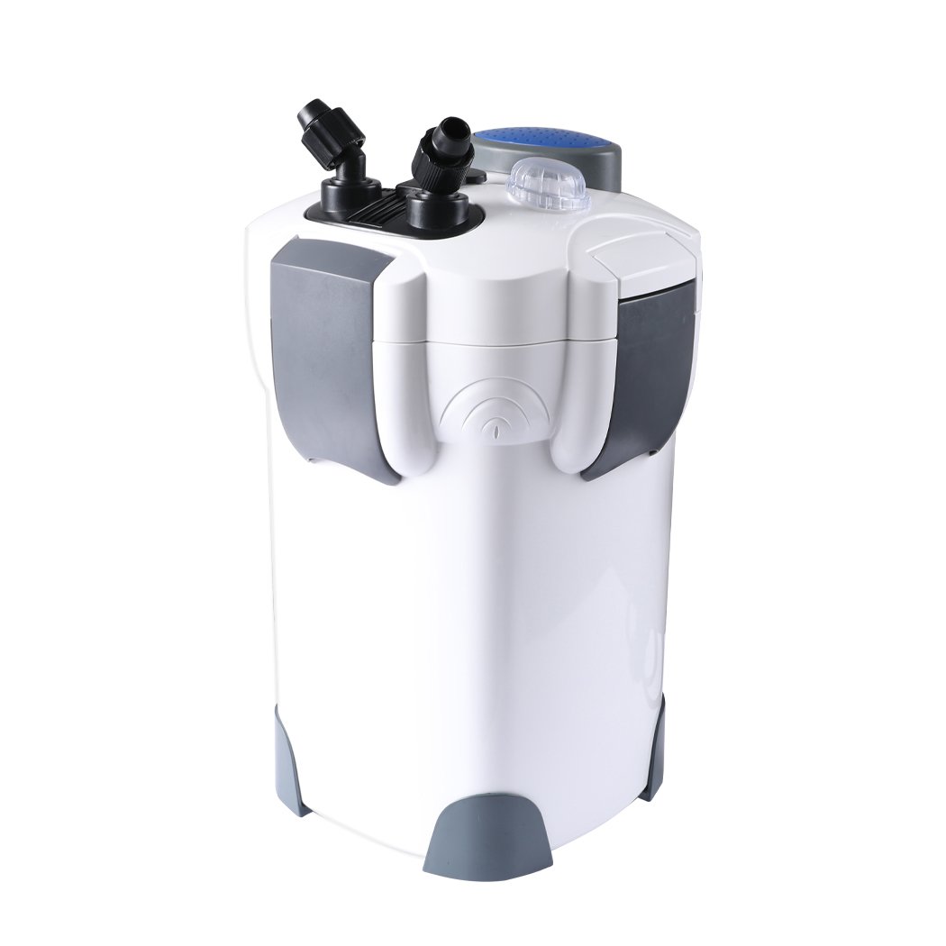 External Canister Filter for aquariums with UV sterilization and adjustable flow control, designed for freshwater and saltwater use.