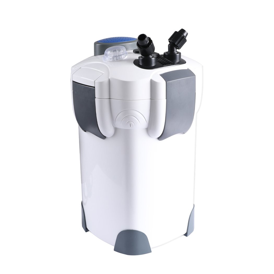 External Canister Filter for aquariums with UV sterilization and adjustable flow control, designed for freshwater and saltwater use.