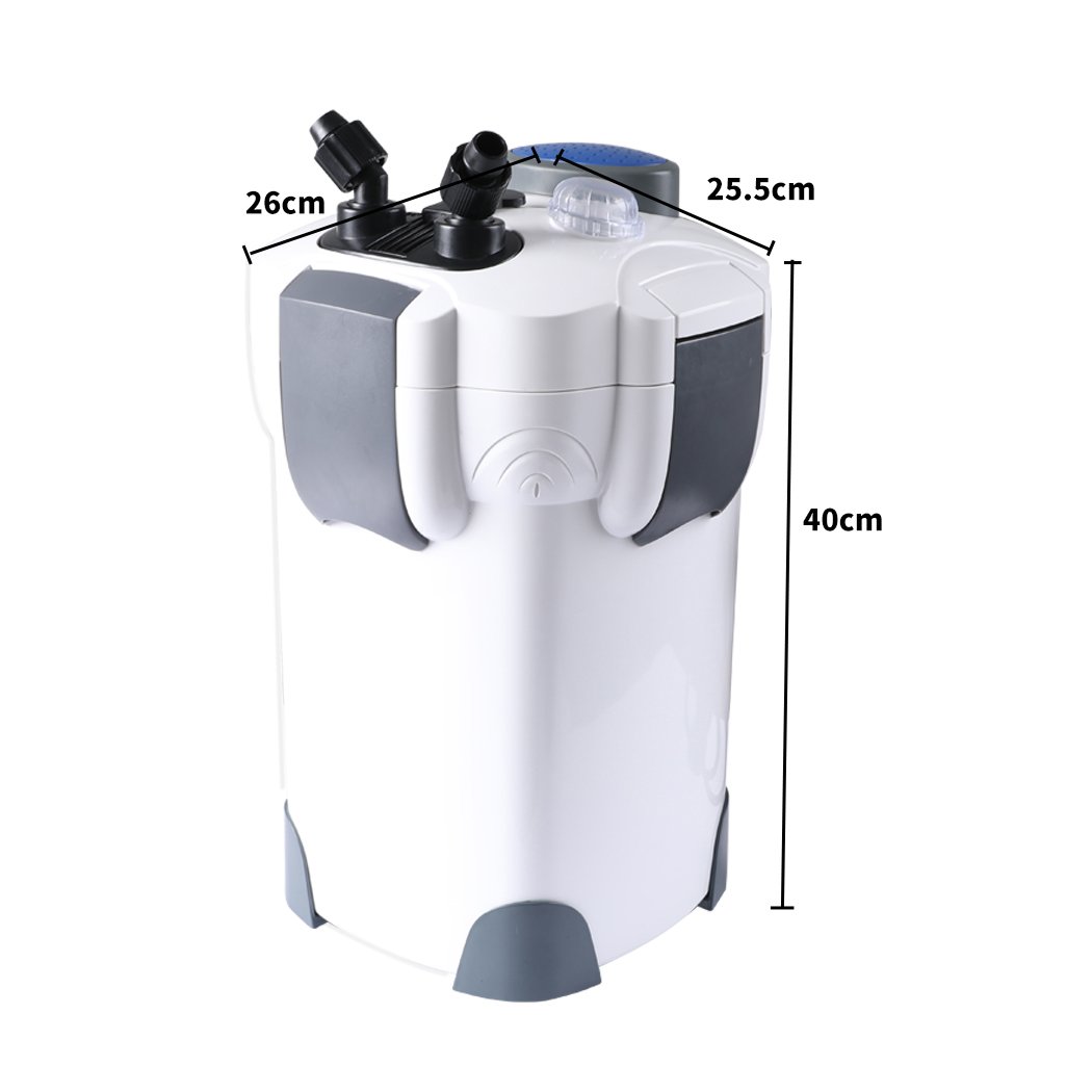 External Canister Filter for aquariums with UV sterilization and adjustable flow control, designed for freshwater and saltwater use.