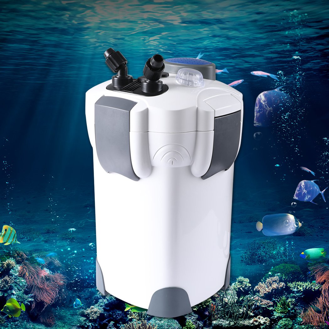 External Canister Filter for aquariums with UV sterilization and adjustable flow control, designed for freshwater and saltwater use.