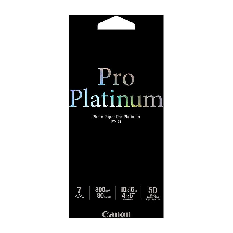 CANON 4x6 Pro Platinum photo paper pack containing 50 sheets, designed for high-quality photo printing.