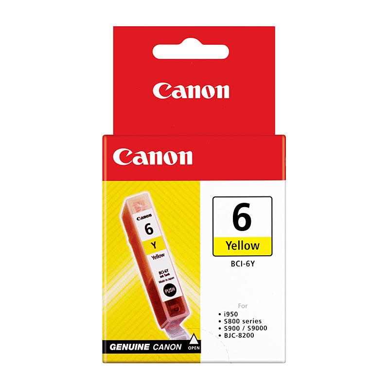 CANON BCI6Y Yellow Ink Tank with packaging, showcasing vibrant yellow color and Canon branding.