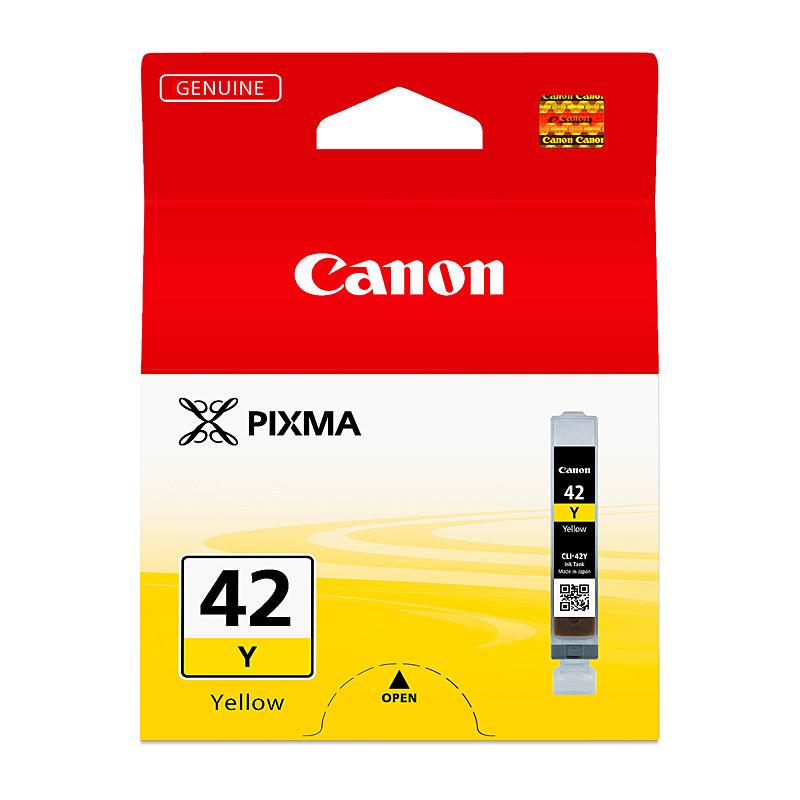 CANON CLI42 Yellow Ink Cartridge with packaging, showcasing vibrant yellow color and Canon branding.