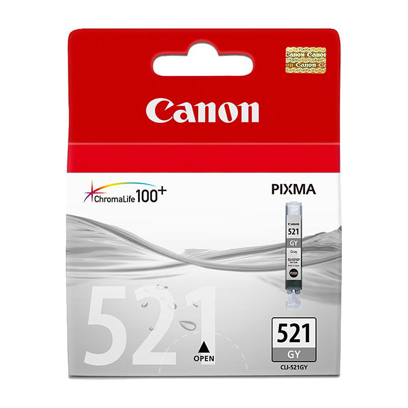 CANON CLI521 Grey Ink Cartridge with packaging, showcasing its design and features.