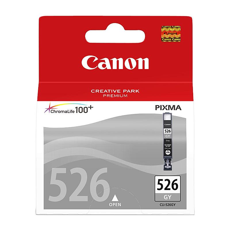 CANON CLI526 Grey Ink Cartridge with packaging, showcasing its design and features.