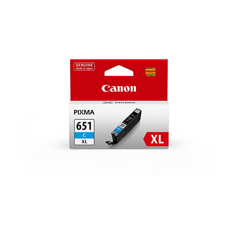 CANON CLI651XL Cyan Ink Cartridge showcasing its vibrant cyan color and packaging details.