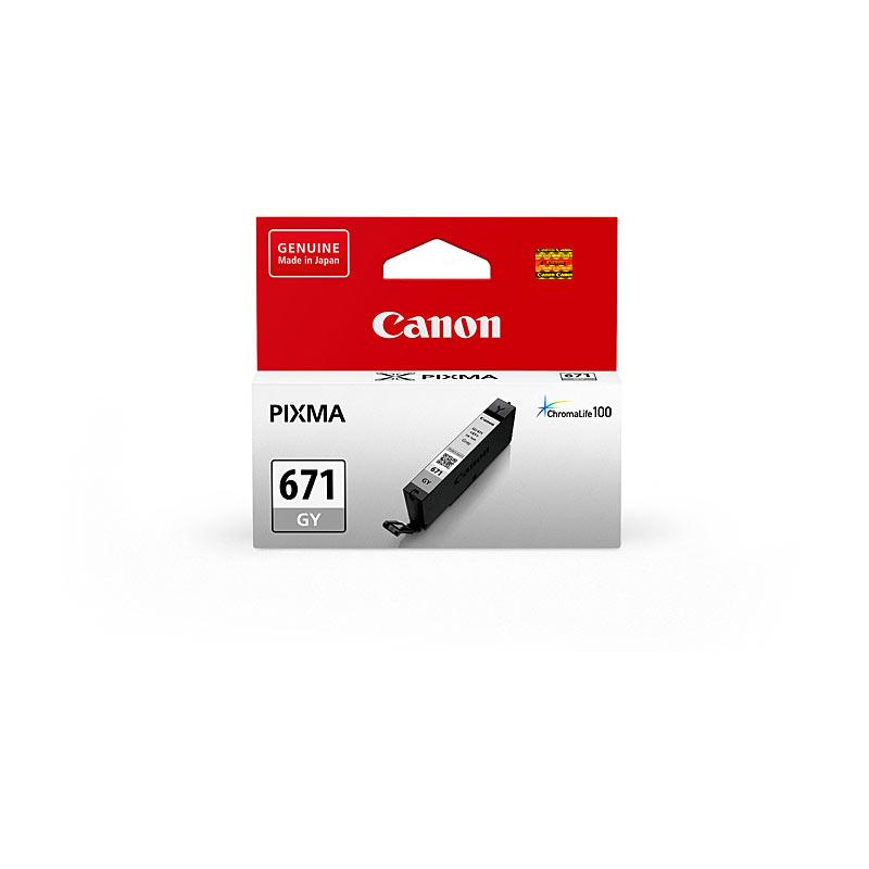 CANON CLI671 Grey Ink Cartridge with packaging, showcasing its design and compatibility.