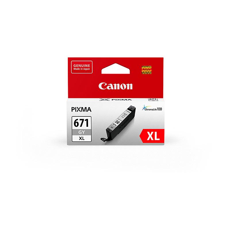 CANON CLI671XL Grey Ink Cartridge showcasing its sleek design and packaging, ideal for high-quality printing.