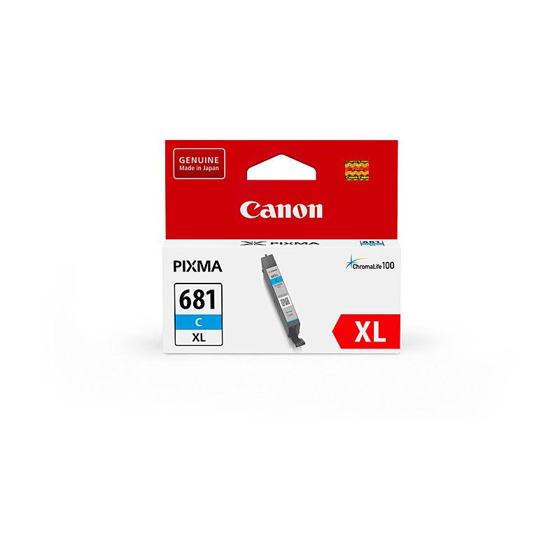 CANON CLI681XL Cyan Ink Cartridge with packaging, showcasing vibrant cyan color and Canon branding.