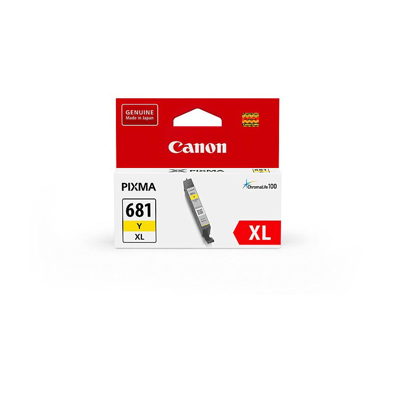 CANON CLI681XL Yellow Ink Cartridge with packaging, showcasing vibrant yellow color and Canon branding.