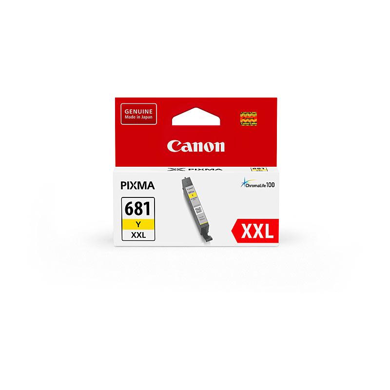 CANON CLI681XXL Yellow Ink Cartridge with packaging, showcasing its vibrant yellow color and Canon branding.