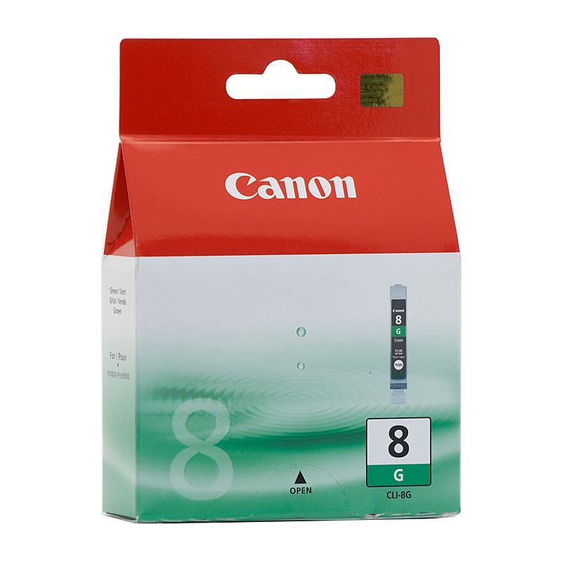 CANON CLI8G Green Ink Cartridge with packaging, showcasing its vibrant green color and Canon branding.