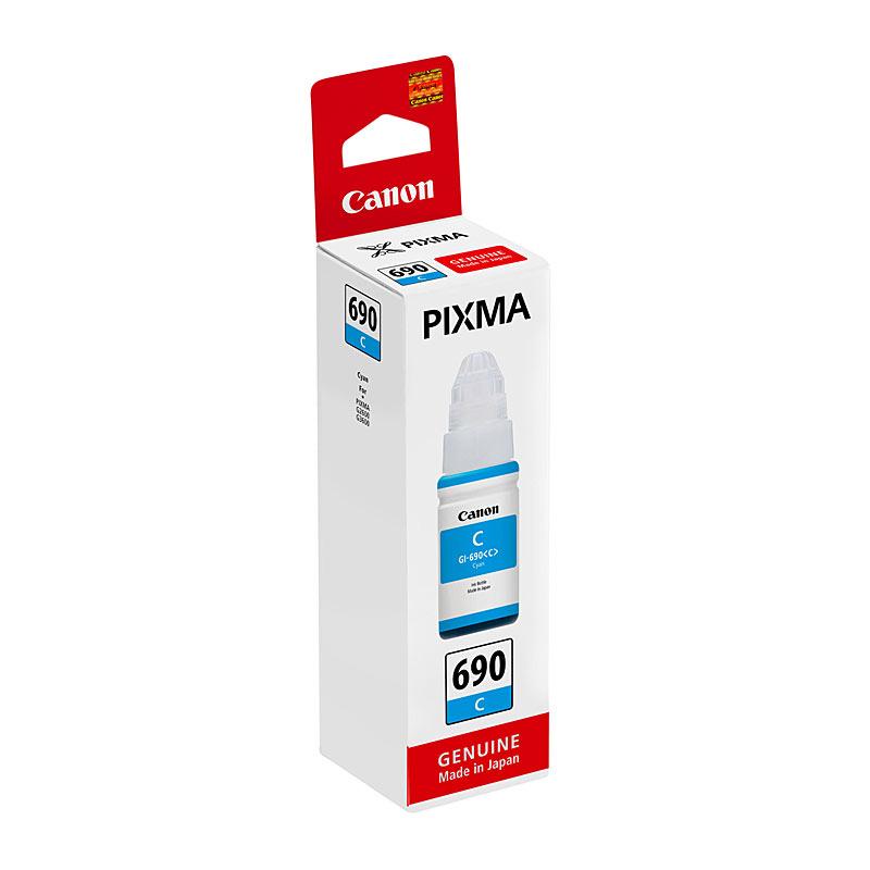 CANON GI690 Cyan Ink Bottle with vibrant blue color, designed for Canon PIXMA G series printers.